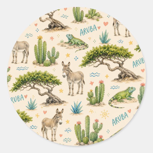 Aruba divi tree, donkey, iguana, cactus classic round sticker (Front)