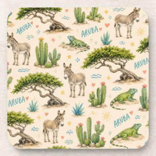Aruba divi tree, donkey, iguana, cactus coaster