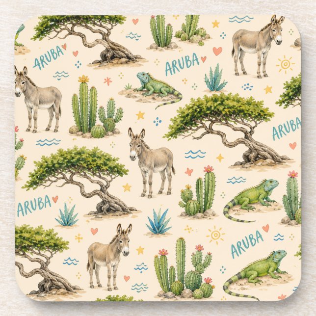 Aruba divi tree, donkey, iguana, cactus coaster (Front)
