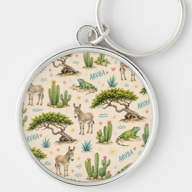 Aruba divi tree, donkey, iguana, cactus key ring (Front)