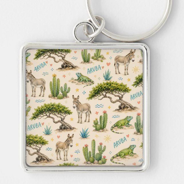 Aruba divi tree, donkey, iguana, cactus key ring (Front)