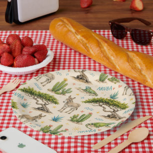 Aruba divi tree, donkey, iguana, cactus paper plate