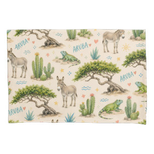 Aruba divi tree, donkey, iguana, cactus pillowcase