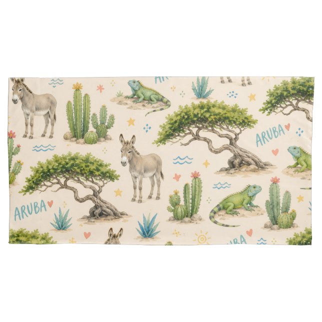 Aruba divi tree, donkey, iguana, cactus pillowcase (Front)