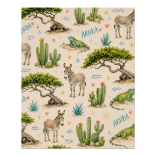 Aruba divi tree, donkey, iguana, cactus poster