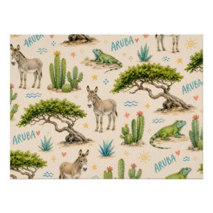 Aruba divi tree, donkey, iguana, cactus poster