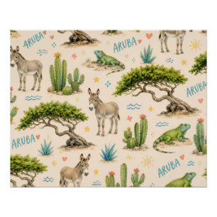 Aruba divi tree, donkey, iguana, cactus poster