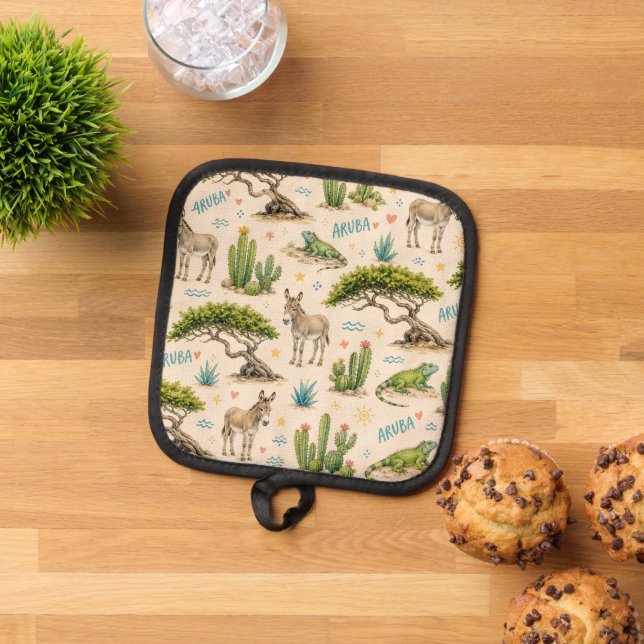 Aruba divi tree, donkey, iguana, cactus pot holder (Top Down)