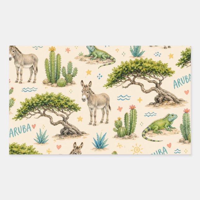 Aruba divi tree, donkey, iguana, cactus rectangular sticker (Front)