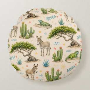 Aruba divi tree, donkey, iguana, cactus round cushion