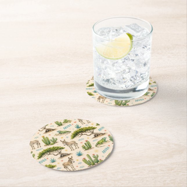 Aruba divi tree, donkey, iguana, cactus round paper coaster (Insitu)