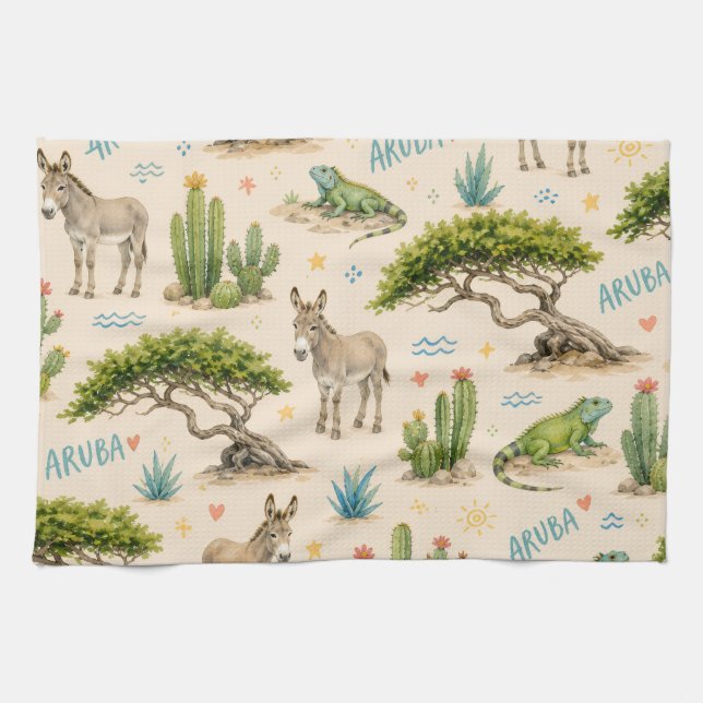 Aruba divi tree, donkey, iguana, cactus tea towel (Horizontal)