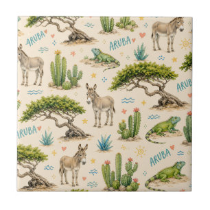 Aruba divi tree, donkey, iguana, cactus tile