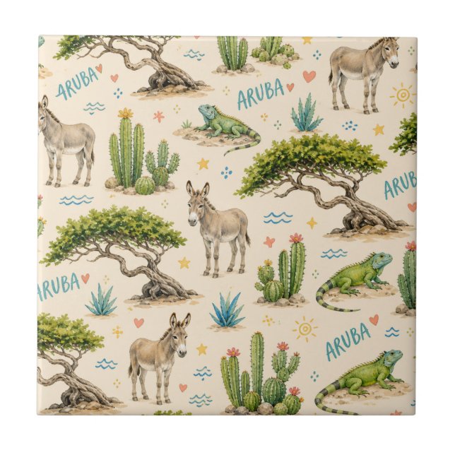Aruba divi tree, donkey, iguana, cactus tile (Front)