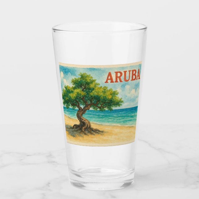 Aruba Divi Tree Eagle Beach watercolor Glass (Front)