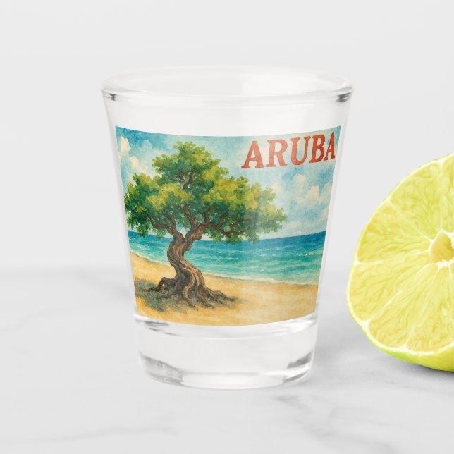 Aruba Divi Tree Eagle Beach watercolor Shot Glass (Front)