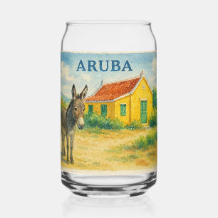 Aruba Donkey and Cunucu House Watercolor Can Glass