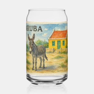 Aruba Donkey with Yellow Cunucu house watercolor Can Glass