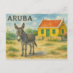 Aruba Donkey with Yellow Cunucu house watercolor Holiday Postcard
