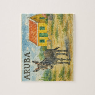 Aruba Donkey with Yellow Cunucu house watercolor Jigsaw Puzzle