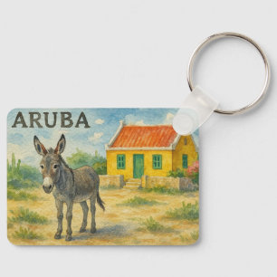 Aruba Donkey with Yellow Cunucu house watercolor Key Ring