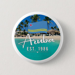 "Aruba Est. 1986" Beach With Flag 6 Cm Round Badge