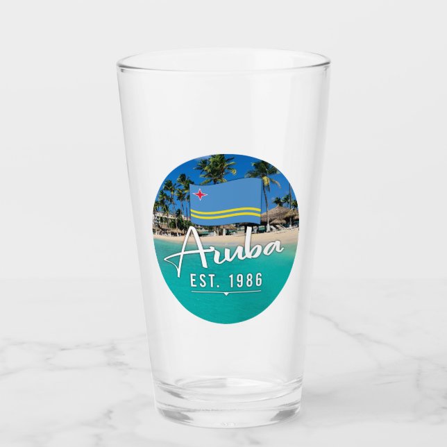 "Aruba Est. 1986" Beach With Flag Glass (Front)