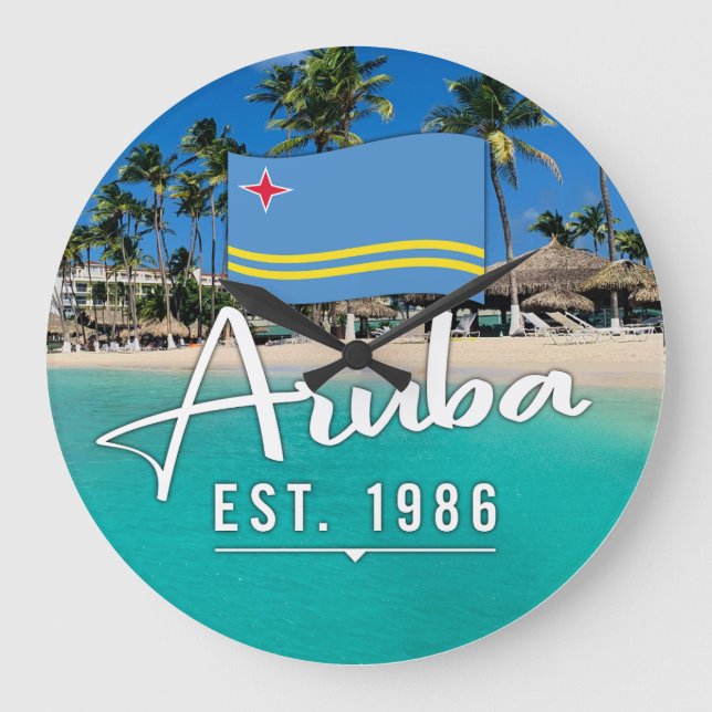 "Aruba Est. 1986" Beach With Flag Large Clock (Front)