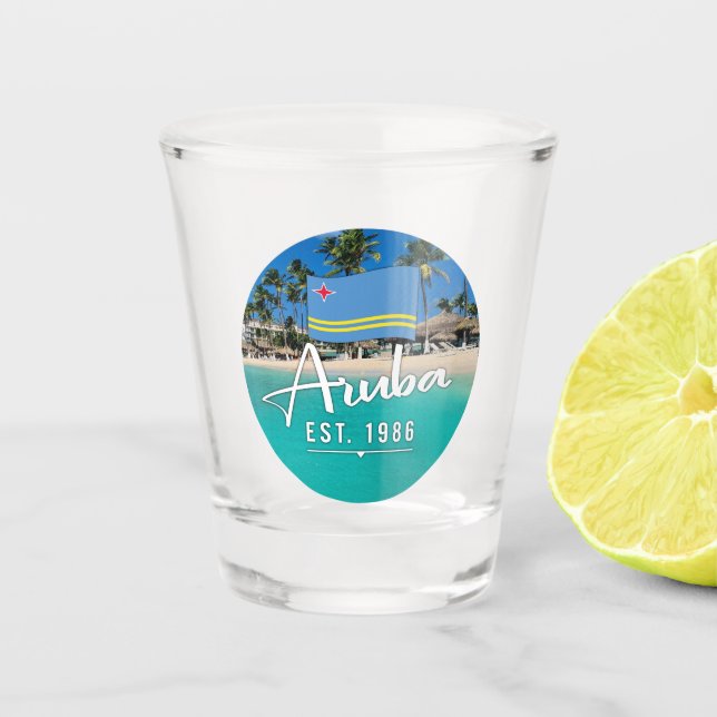 "Aruba Est. 1986" Beach With Flag Shot Glass (Front)