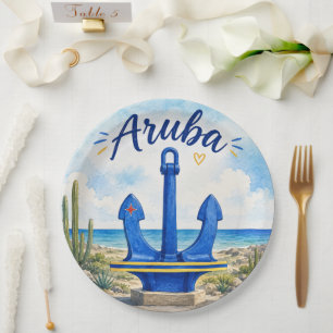 Aruba flag anchor Caribbean island travel souvenir Paper Plate