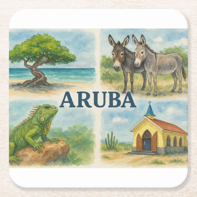 Aruba multiview watercolor square paper coaster (Front)