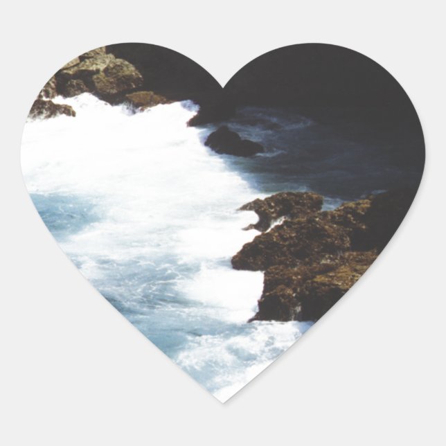 Aruba Ocean Crashing On The Rocks Heart Sticker (Front)