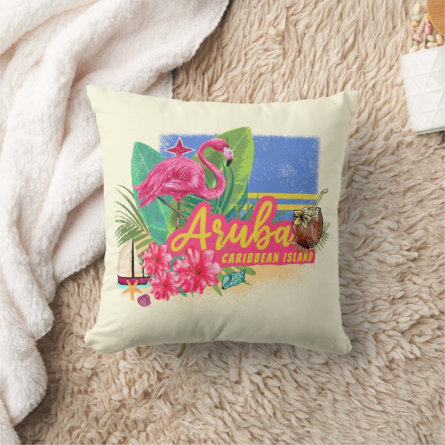 Aruba Retro Caribbean Island with Flamingo Vintage Cushion (Blanket)
