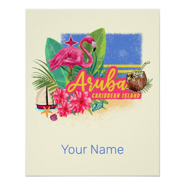 Aruba Retro Caribbean Island with Flamingo Vintage Poster (Front)