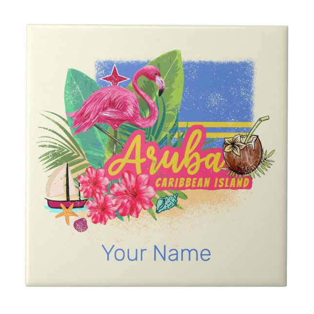 Aruba Retro Caribbean Island with Flamingo Vintage Tile (Front)