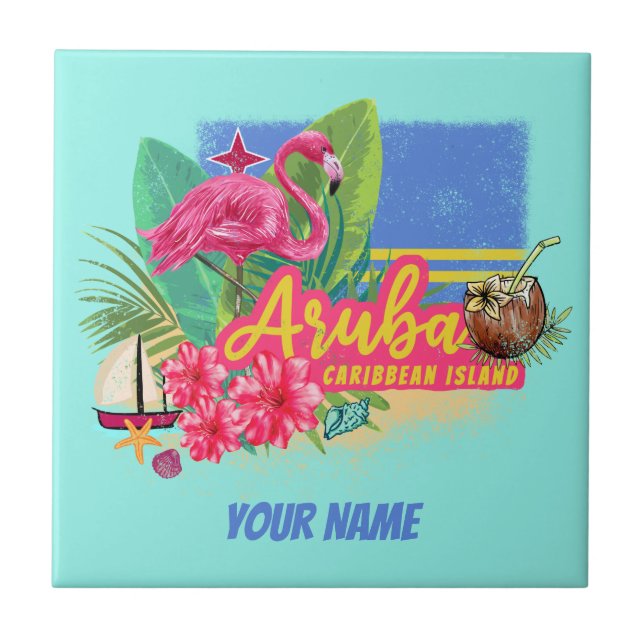 Aruba Retro Caribbean Island with Flamingo Vintage Tile (Front)