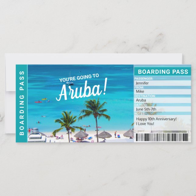 Aruba Surprise Trip Boarding Pass Gift Ticket (Front)