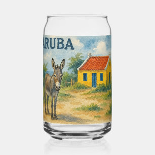 Aruba Yellow Cunucu house with donkey watercolor Can Glass