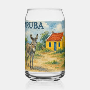 Aruba Yellow Cunucu house with donkey watercolor Can Glass