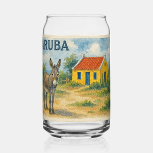 Aruba Yellow Cunucu house with donkey watercolor Can Glass