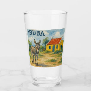 Aruba Yellow Cunucu house with donkey watercolor Glass