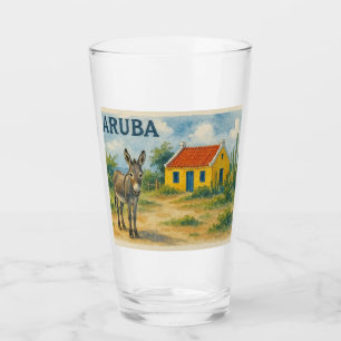 Aruba Yellow Cunucu house with donkey watercolor Glass