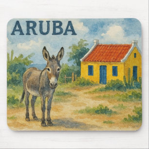 Aruba Yellow Cunucu house with donkey watercolor Mouse Pad