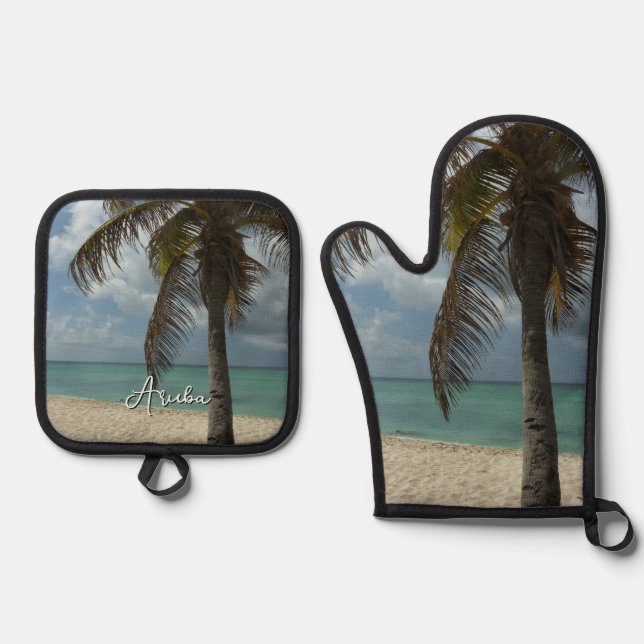 Aruban Beach I Beautiful Nature Scene Oven Mitt & Pot Holder Set (Front)