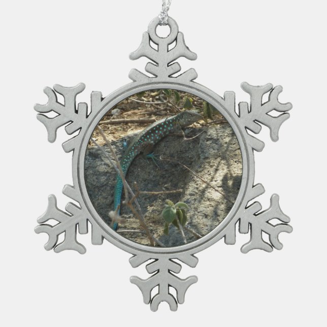 Aruban Whiptail Lizard Tropical Animal Photography Snowflake Pewter Christmas Ornament (Front)