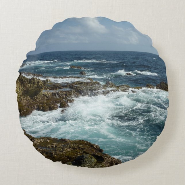 Aruba's Rocky Coast and Blue Ocean Round Cushion (Front)