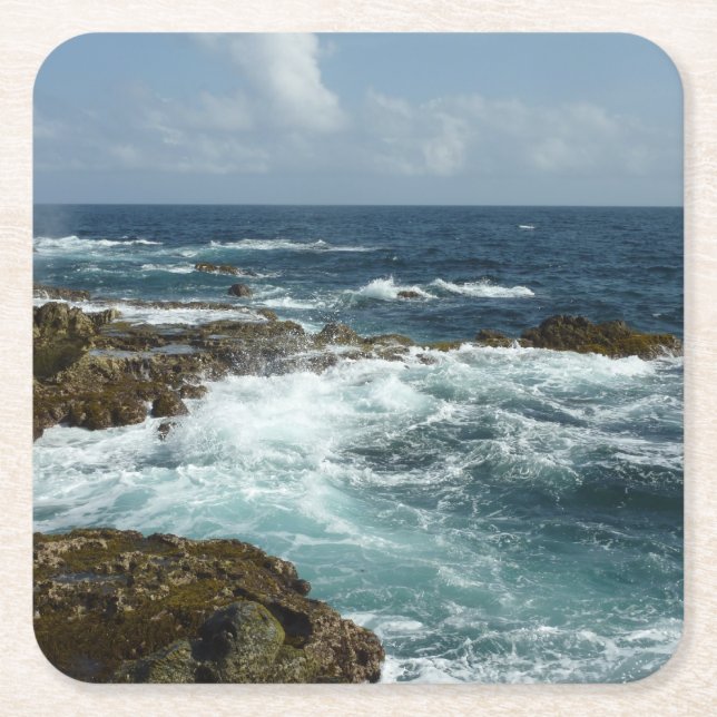 Aruba's Rocky Coast and Blue Ocean Square Paper Coaster (Front)