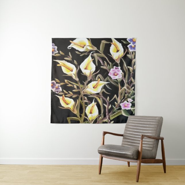 Arum Lily Artistic Floral Design On Black  Tapestry (In Situ)