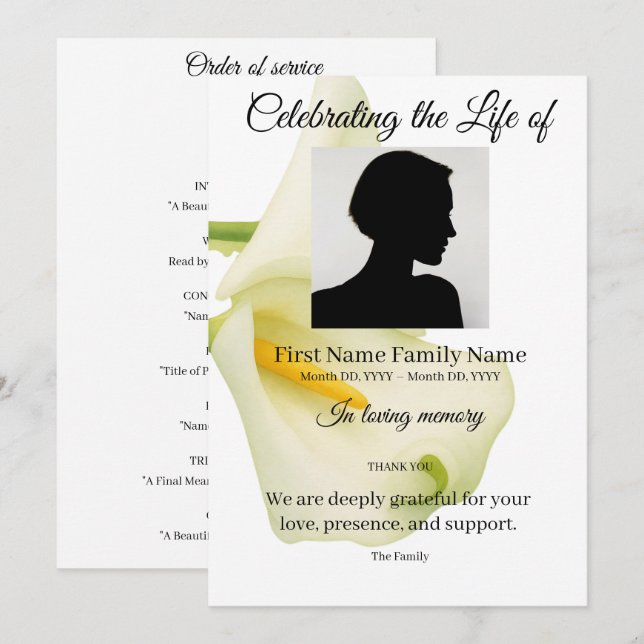 Arum lily order of service invitation (Front/Back)