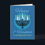 As An Engaged Couple First Hanukkah Menorah Card<br><div class="desc">As an engaged couple,  they would love to receive this special card celebrating their first Chanukah! Royal blue background is strong against the message. A centre circle accents the black menorah with lighted candles.</div>